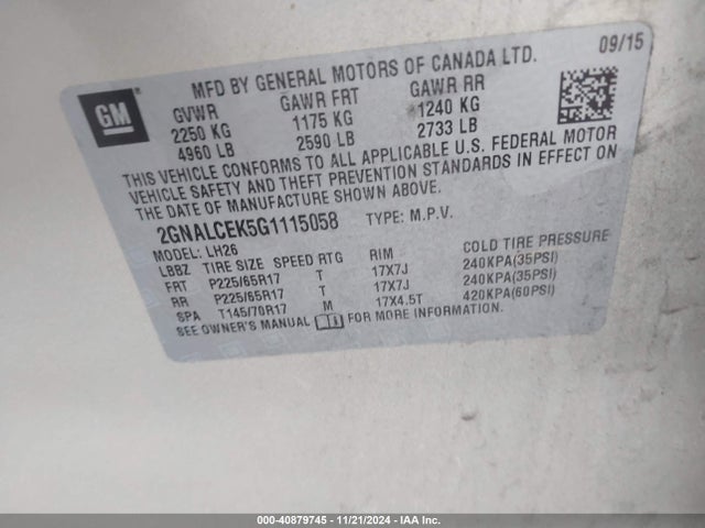 Chevrolet EQUINOX LT 2016 2GNALCEK5G1115058 Image 9