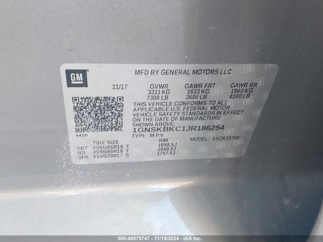1GNSKBKC1JR186254 Chevrolet Tahoe Lt