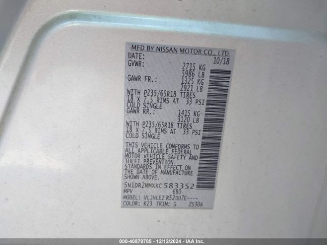 5N1DR2MMXKC583352 Nissan Pathfinder Sv