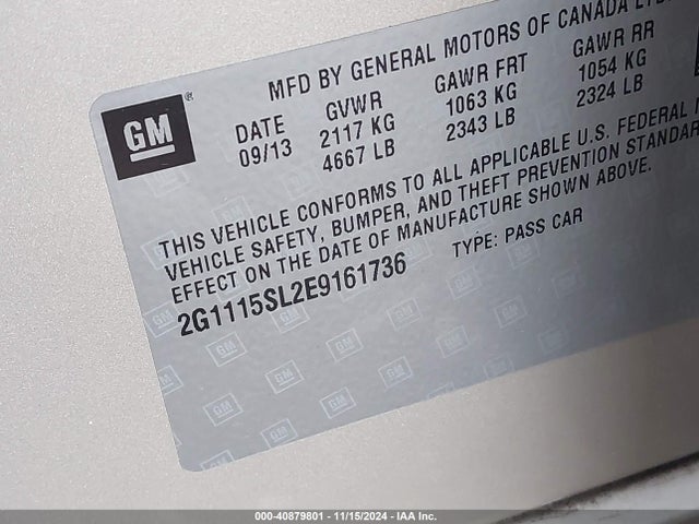 Chevrolet IMPALA 1LT 2014 2G1115SL2E9161736 Image 9