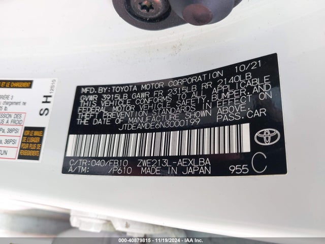 JTDEAMDE6N3000199 Toyota Corolla Hybrid Le