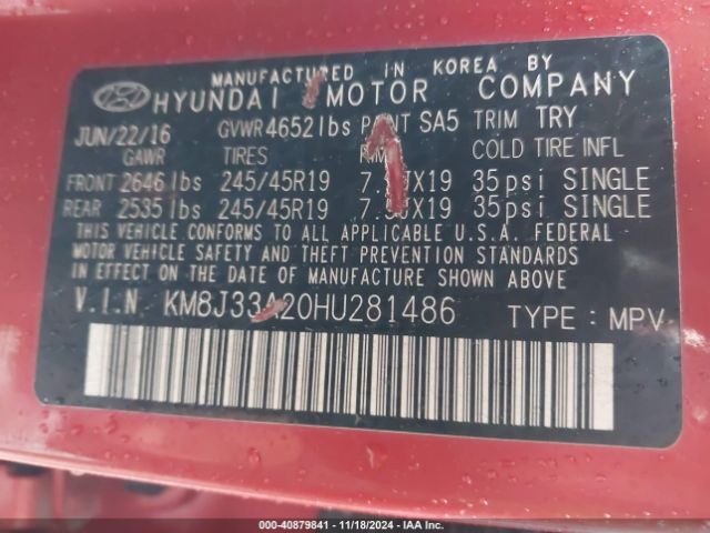 KM8J33A20HU281486 Hyundai Tucson Sport