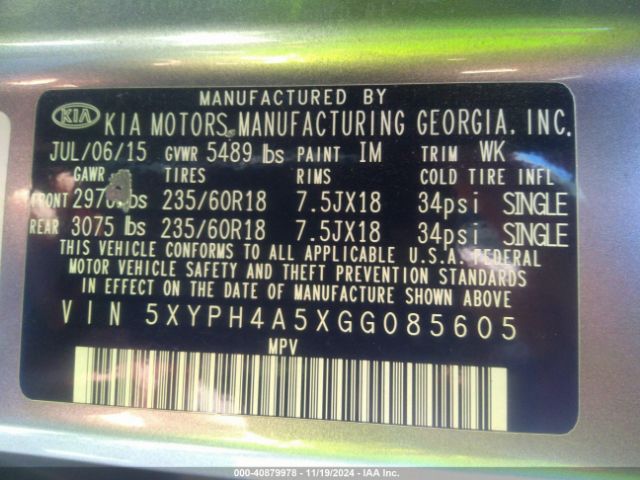 5XYPH4A5XGG085605 KIA Sorento 3.3l Ex