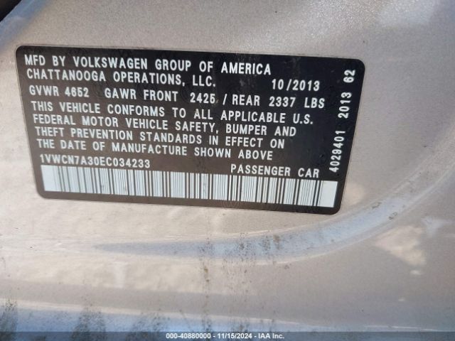 1VWCN7A30EC034233 Volkswagen Passat 2.0l Tdi Sel Premium