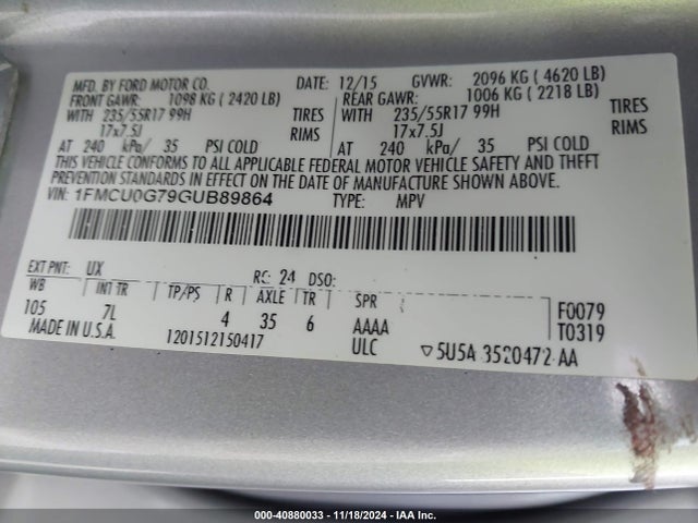 Ford ESCAPE SE 2016 1FMCU0G79GUB89864 Image 9