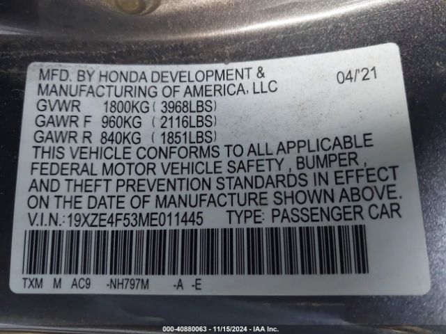 19XZE4F53ME011445 Honda INSIGHT EX