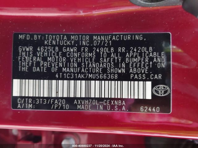 4T1C31AK7MU566368 Toyota Camry Le Hybrid