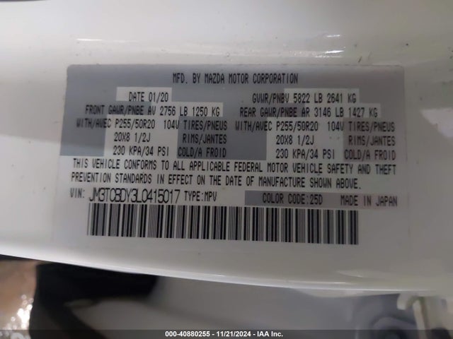 JM3TCBDY3L0415017 Mazda Cx-9 Grand Touring
