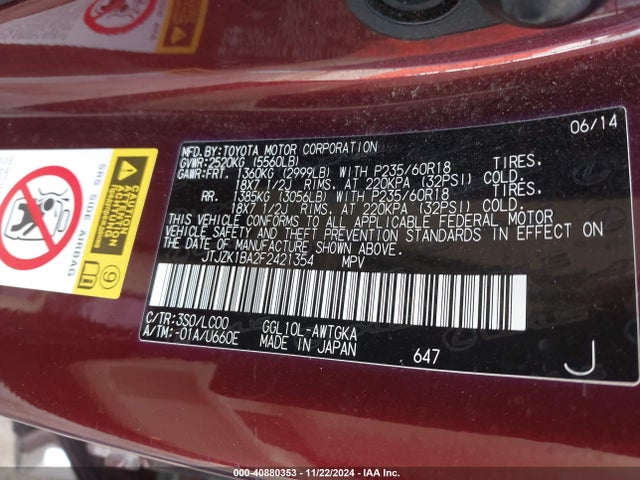 JTJZK1BA2F2421354 Lexus RX 350