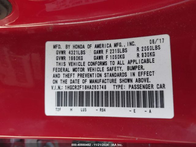1HGCR2F18HA260748 Honda Accord Sport Se