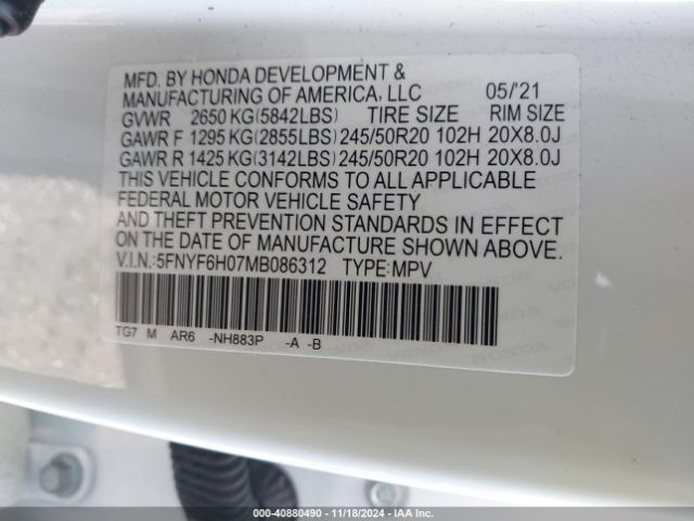 5FNYF6H07MB086312 Honda Pilot Elite