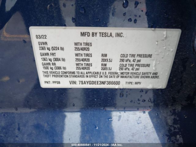 7SAYGDEE3NF386600 Tesla Model Y Long Range Dual Motor All-wheel Drive