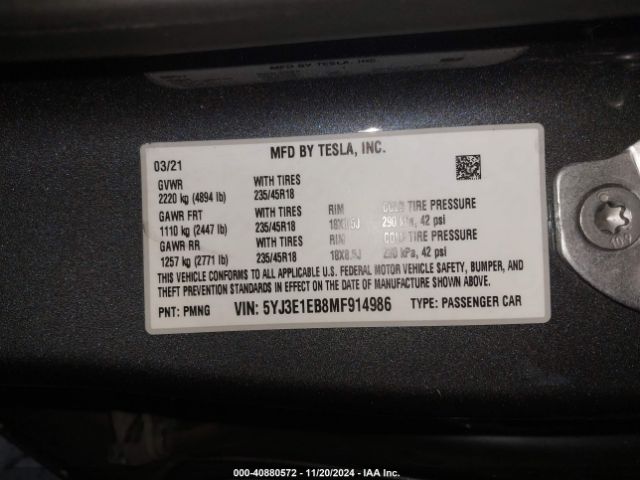 5YJ3E1EB8MF914986 Tesla Model 3 Long Range Dual Motor All-wheel Drive