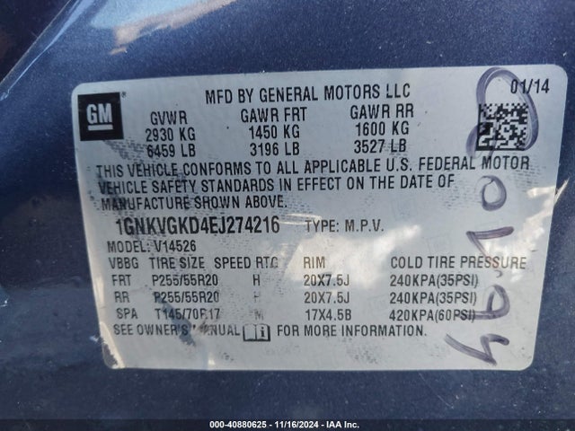 Chevrolet Traverse 1lt 2014 1GNKVGKD4EJ274216 Image 9