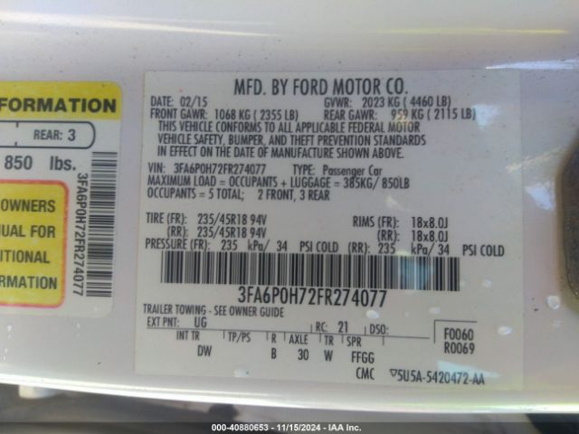 3FA6P0H72FR274077 Ford FUSION SE