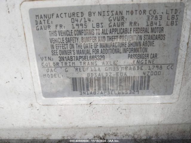 3N1AB7AP5EL665329 Nissan SENTRA SV