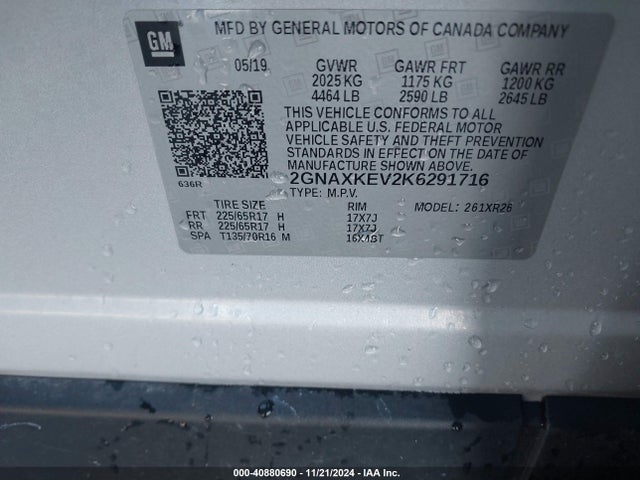 Chevrolet EQUINOX LT 2019 2GNAXKEV2K6291716 Image 9