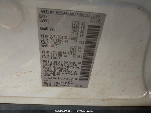 Nissan Rogue Sl 2015 5N1AT2MT2FC793798 Image 9