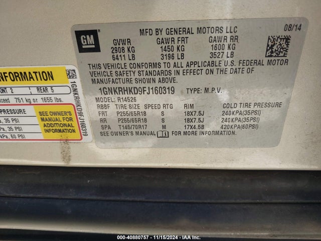 Chevrolet Traverse 2lt 2015 1GNKRHKD9FJ160319 Image 9