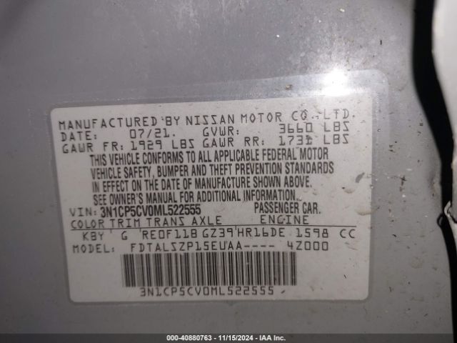 3N1CP5CV0ML522555 Nissan KICKS SV