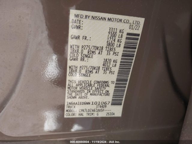 1N6AA1ED6NN101067 Nissan Titan Pro-4x 4x4