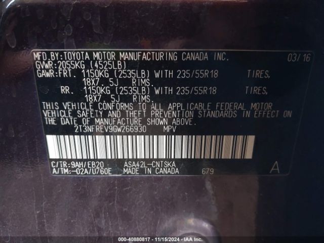 2T3NFREV9GW266930 Toyota RAV4 SE