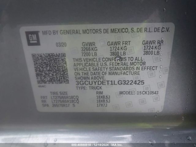3GCUYDET1LG322425 Chevrolet Silverado 1500 4wd  Short Bed Lt