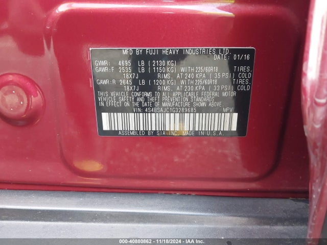 Subaru Outback 2.5i Limited 2016 4S4BSAJC1G3289685 Image 9