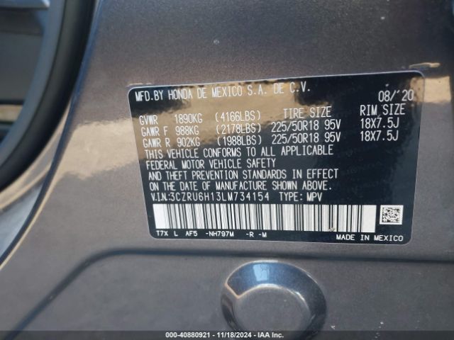 3CZRU6H13LM734154 Honda Hr-v Awd Sport