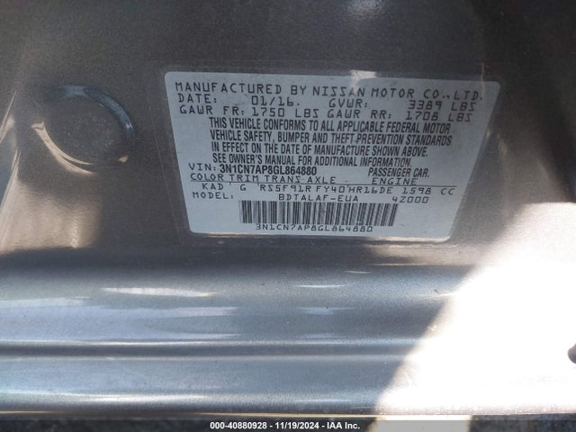 Nissan Versa 1.6 S 2016 3N1CN7AP8GL864880 Image 9