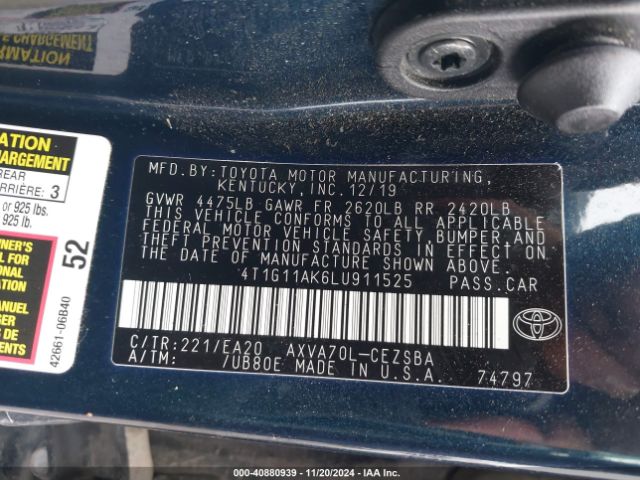 4T1G11AK6LU911525 Toyota CAMRY SE