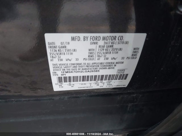 Ford EXPLORER XLT 2020 1FMSK7DH2LGA26585 Image 9