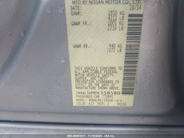 Nissan Altima 2.5 Sl 2015 1N4AL3AP9FN358580 Image 9