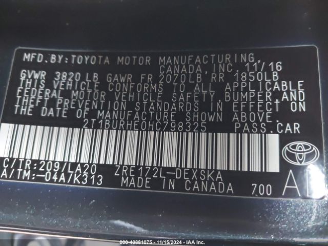2T1BURHE0HC798325 Toyota Corolla Xse