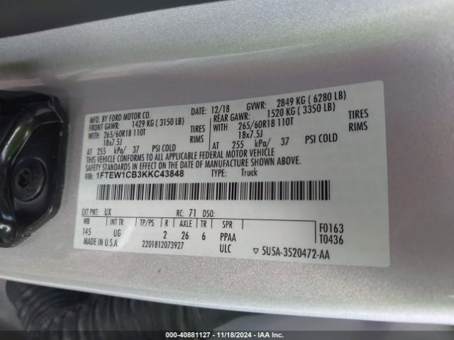 1FTEW1CB3KKC43848 Ford F-150 Xlt