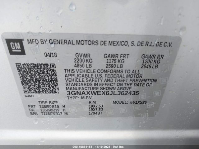 3GNAXWEX6JL362435 Chevrolet Equinox Premier