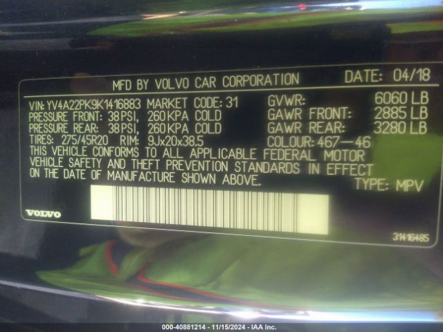 YV4A22PK9K1416883 Volvo Xc90 T6 Momentum