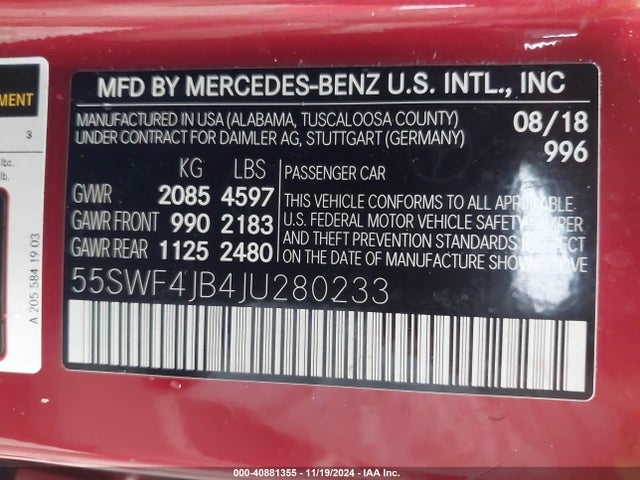55SWF4JB4JU280233 Mercedes-Benz C 300