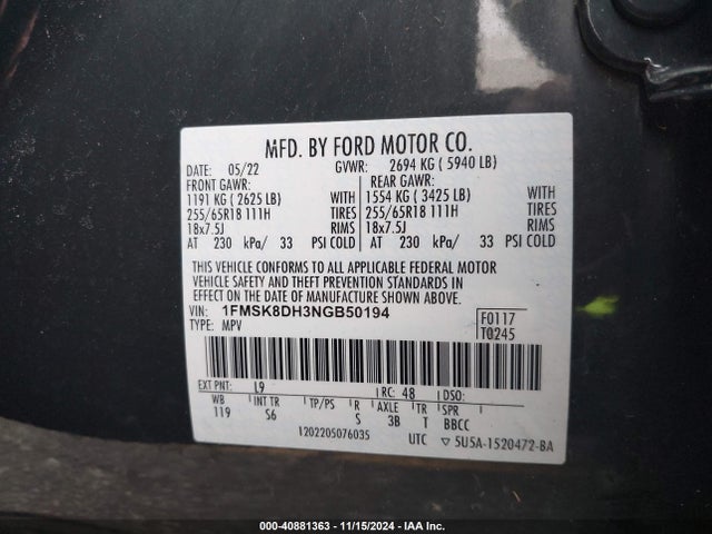 Ford EXPLORER XLT 2022 1FMSK8DH3NGB50194 Image 9