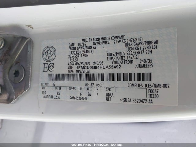 1FMCU0G94HUA55492 Ford ESCAPE SE