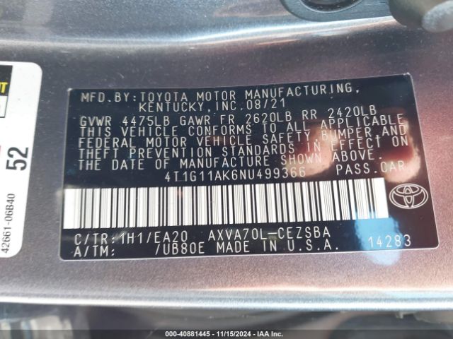 4T1G11AK6NU499366 Toyota CAMRY SE