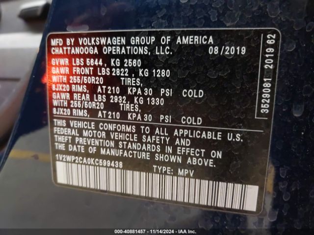 1V2WP2CA0KC599438 Volkswagen Atlas 2.0t Se W/technology