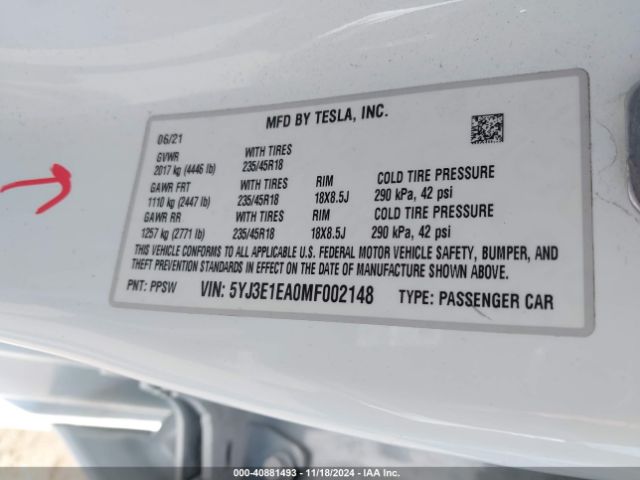 5YJ3E1EA0MF002148 Tesla Model 3 Standard Range Plus Rear-wheel Drive