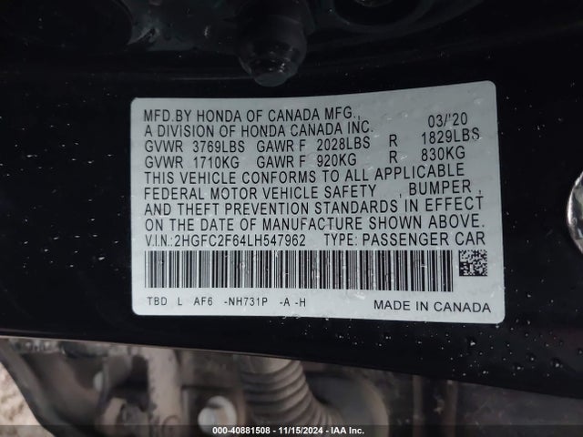 Продажа на аукционе авто 2020 Honda Civic Lx, vin: 2HGFC2F64LH547962, номер лота: 40881508