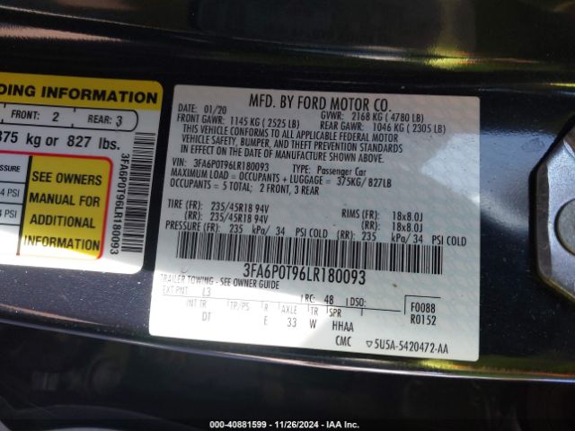 3FA6P0T96LR180093 Ford FUSION SE