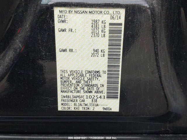 1N4BL3AP6FC102543 Nissan Altima 3.5 Sl