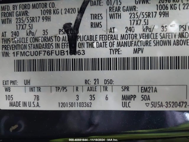 Ford ESCAPE S 2015 1FMCU0F76FUB16063 Image 9