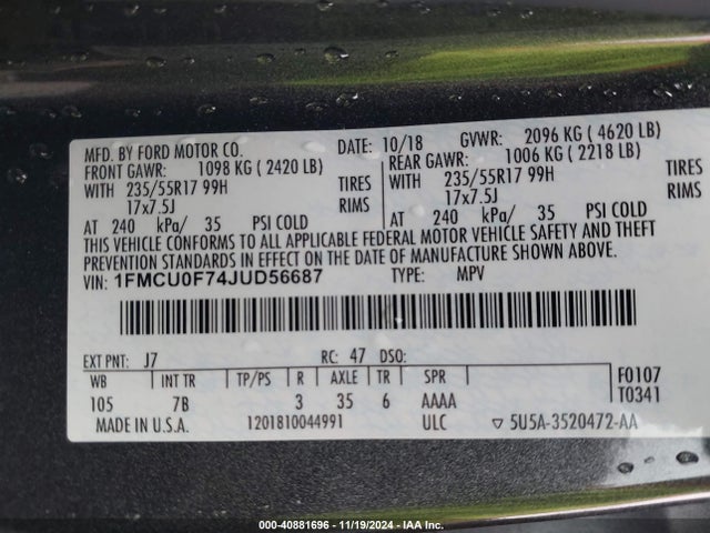 Ford ESCAPE S 2018 1FMCU0F74JUD56687 Image 9