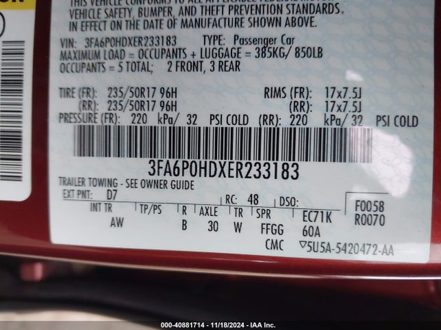 Ford FUSION SE 2014 3FA6P0HDXER233183 Image 9