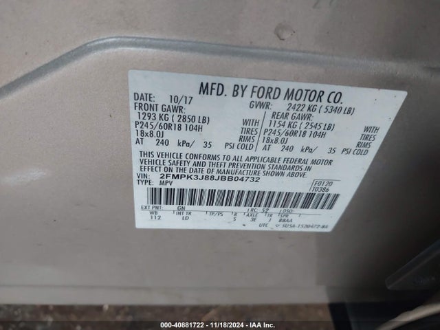 Ford EDGE SEL 2018 2FMPK3J88JBB04732 Image 9